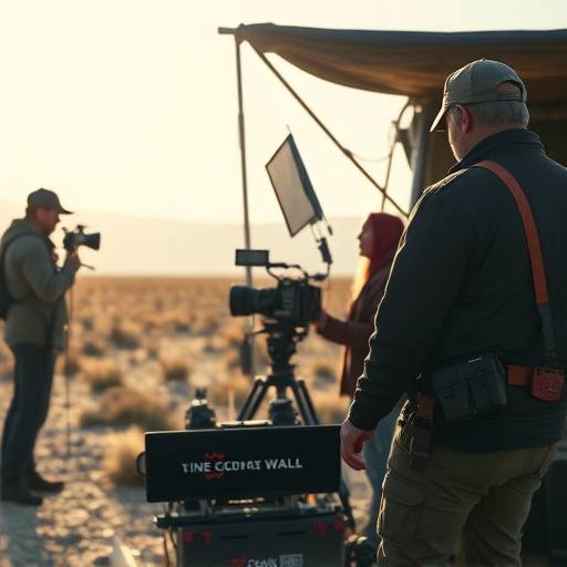 A film crew setting up equipment at a remote location, illustrating on-site support services.