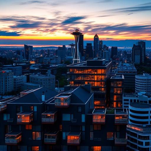 Aerial view of a modern architectural marvel nestled in the Queen Anne neighborhood, showcasing the breathtaking Seattle skyline at dusk.