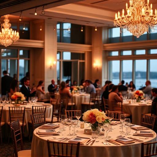 Artistic shot of a wedding reception at The Edgewater Hotel, Seattle, capturing the ambiance with soft lighting and elegant table settings.