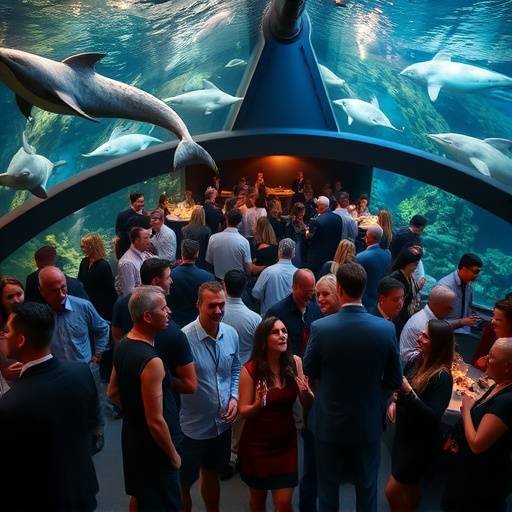 Candid image from a fundraising gala at the Seattle Aquarium, capturing the elegance and energy of the event with guests mingling among the marine exhibits.
