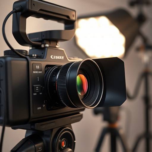 Close-up of professional photography equipment in the PhotoVerse Studio, including a camera, lenses, and lighting setup.