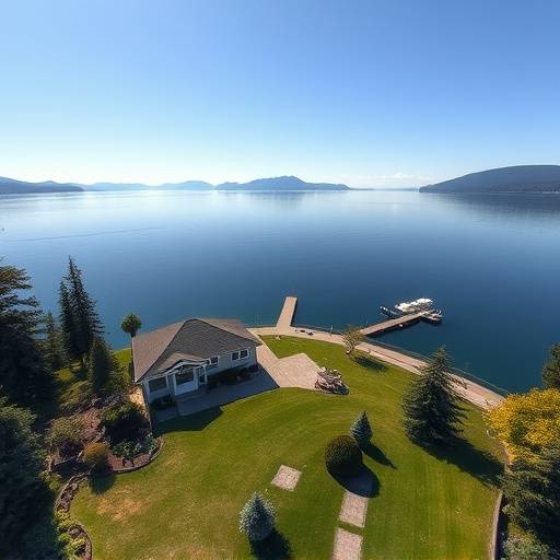Drone photograph of a waterfront property on Lake Washington, highlighting the expansive yard, private dock, and stunning views of the Olympic Mountains.