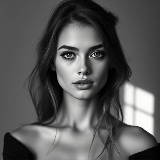 Elegant black and white portrait of a young woman in a Seattle studio, showcasing soft lighting and a focus on her expressive eyes.
