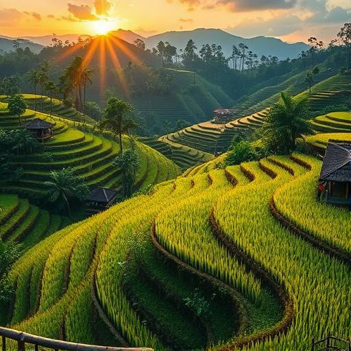 Lush green rice terraces cascading down a hillside in Ubud, Bali, Indonesia.