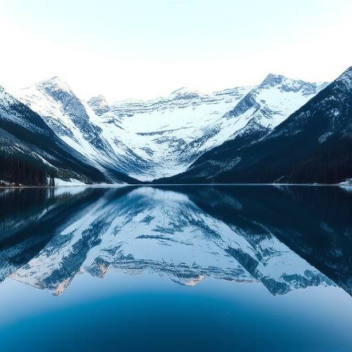 Snow-capped mountains reflected in a glacial lake in Banff National Park, Canada