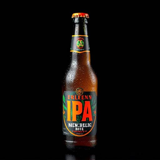 Studio product shot of a locally brewed IPA beer, emphasizing the condensation on the bottle and the vibrant colors of the label against a dark background.