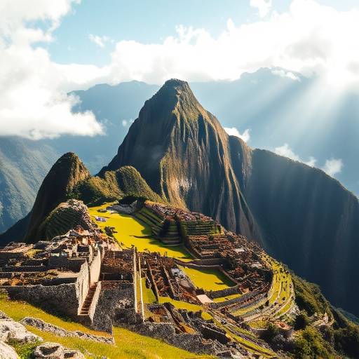 The ancient ruins of Machu Picchu perched high in the Andes Mountains, Peru.