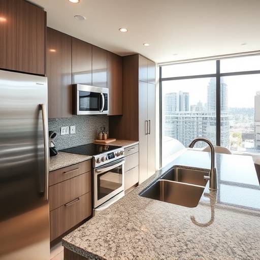 Wide-angle real estate photograph showcasing a modern kitchen with stainless steel appliances and granite countertops in a luxury condo downtown Seattle.